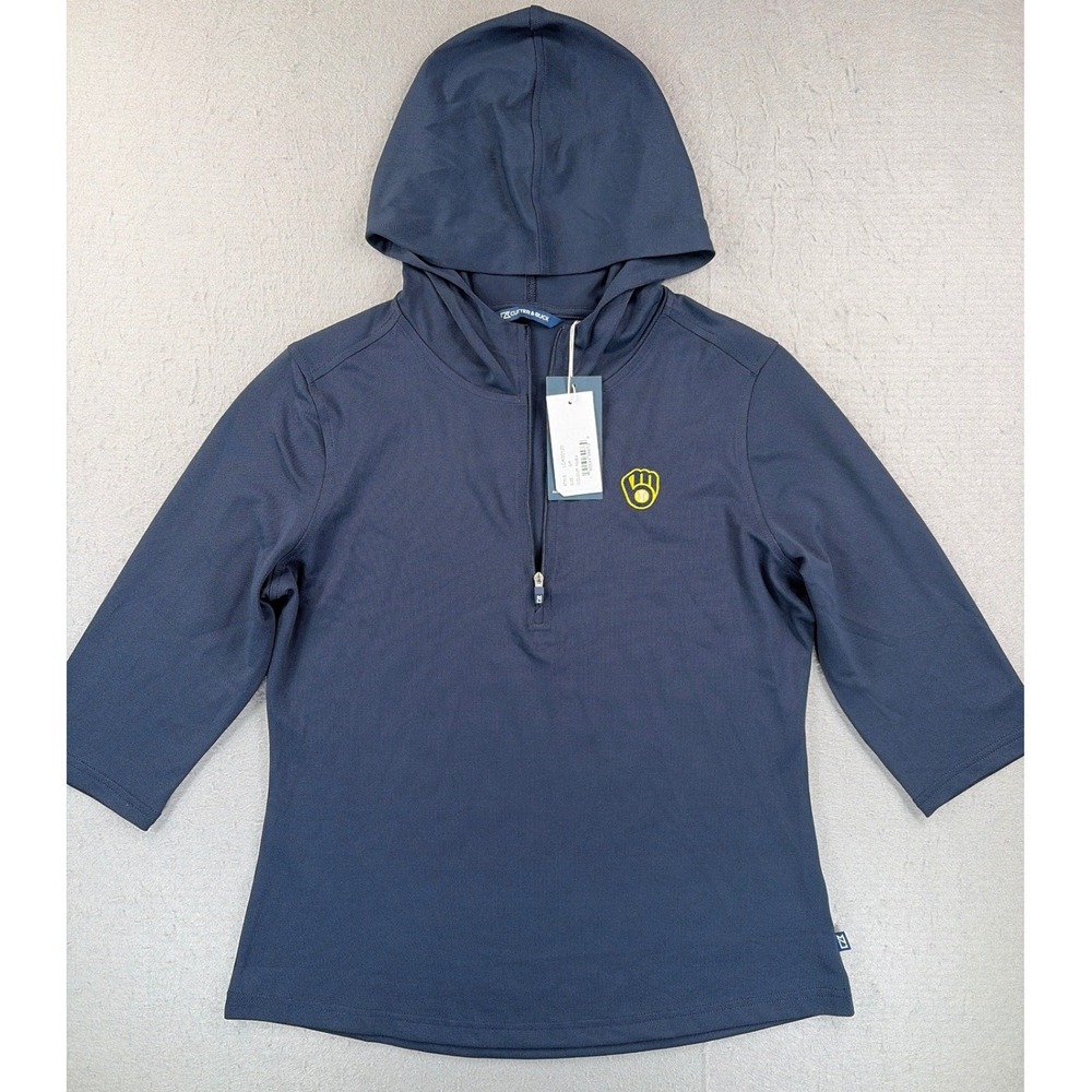 Cutter & Buck Milwaukee Brewers Womens Navy 1/4 Zip Hoodie LCK00120 Small NWT